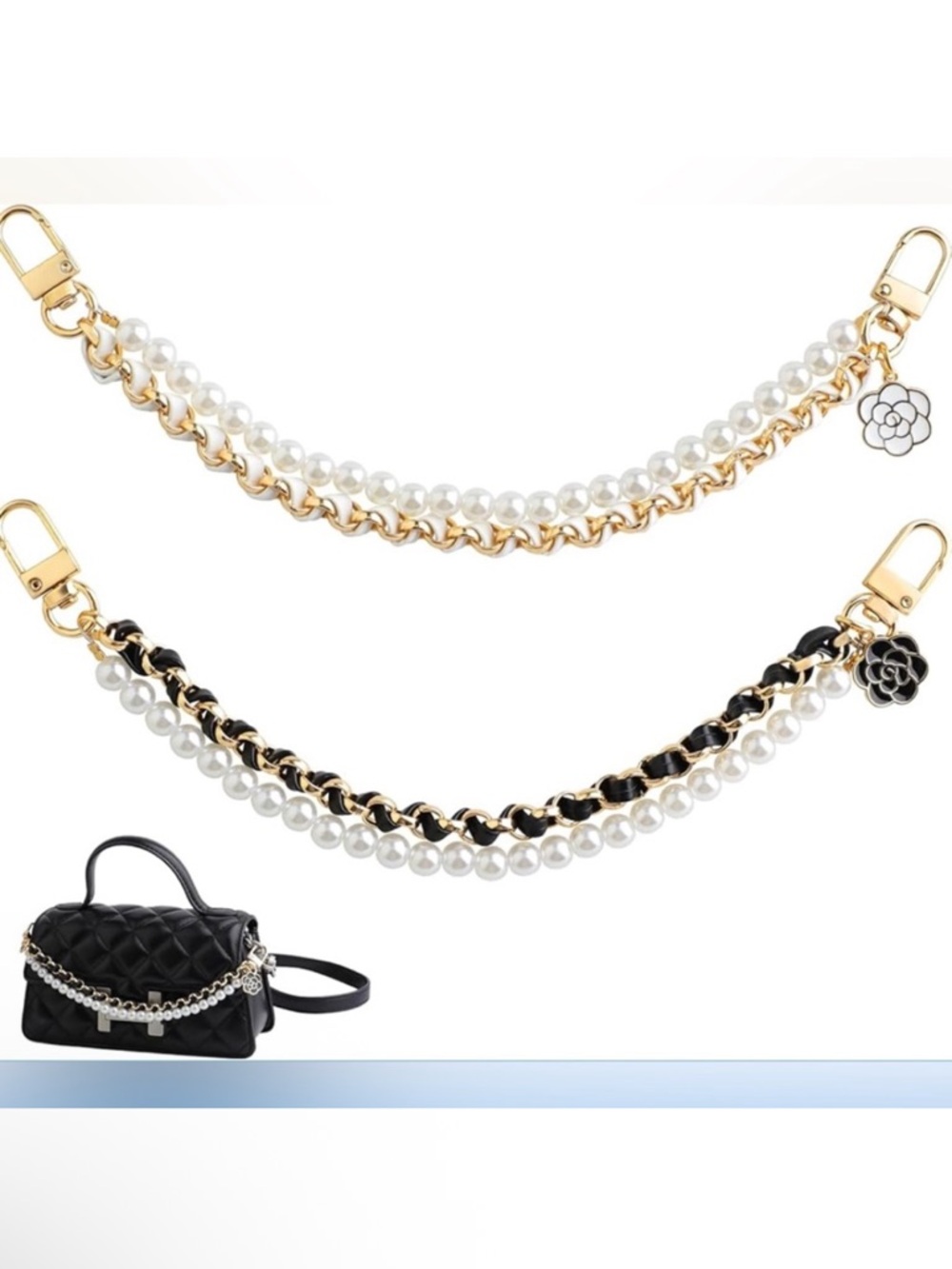 Purse Charm Camellia Flower Leather Gold Chain Extender Pearls White Gold